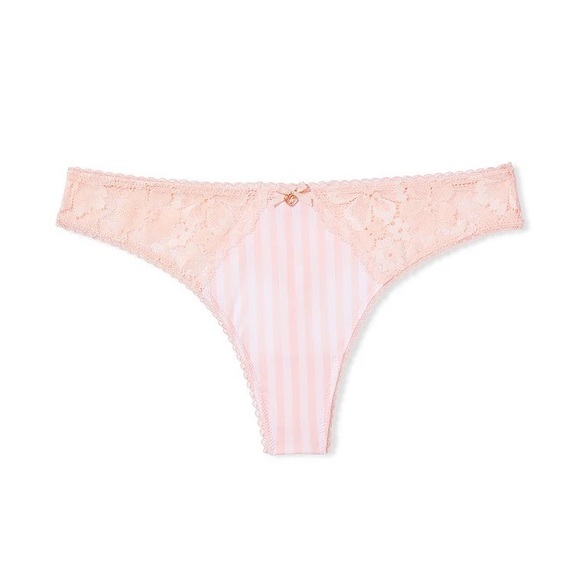 Victoria's Secret Body By Victoria Smooth & Lace Thong Panty Pink Stripe L NEW - Picture 2 of 8